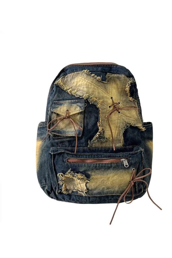 Distressed Vintage Denim Backpack for Y2K Outfits and Street Styles