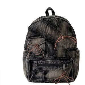 Distressed Vintage Denim Backpack for Y2K Outfits and Street Styles