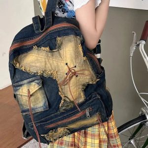 Distressed Vintage Denim Backpack for Y2K Outfits and Street Styles