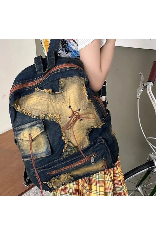 Distressed Vintage Denim Backpack for Y2K Outfits and Street Styles