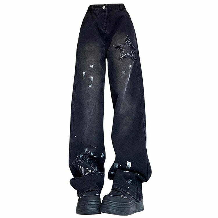 Downtown Girl Black Star Jeans - Y2K Vintage Winter Outfits for Women