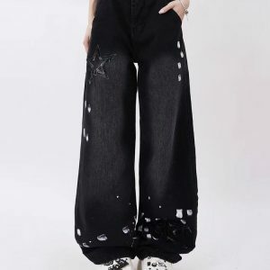 Downtown Girl Black Star Jeans - Y2K Vintage Winter Outfits for Women