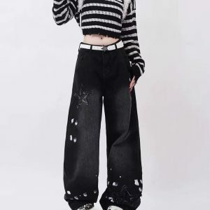 Downtown Girl Black Star Jeans - Y2K Vintage Winter Outfits for Women