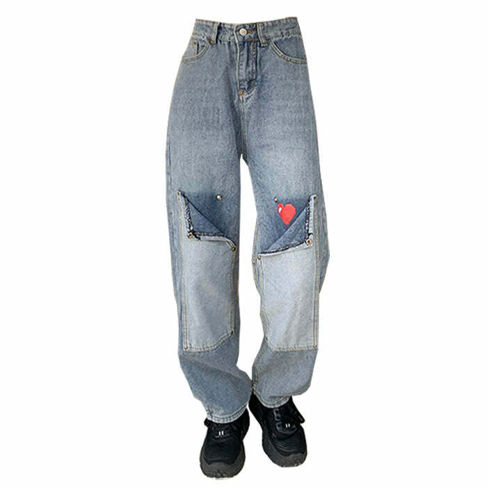 Early 2000s Pixel Heart Wide Jeans - Y2K Vintage Winter Outfits