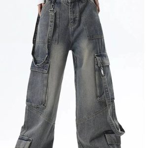 Extreme Wide-Leg Cargo Jeans for Y2K Outfits, Vintage Street Style Fashion