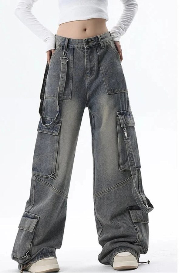 Extreme Wide-Leg Cargo Jeans for Y2K Outfits, Vintage Street Style Fashion