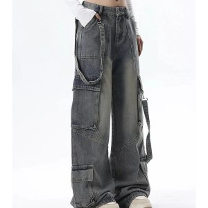 Extreme Wide-Leg Cargo Jeans for Y2K Outfits, Vintage Street Style Fashion