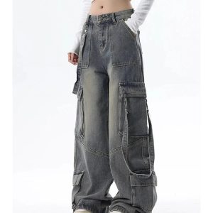 Extreme Wide-Leg Cargo Jeans for Y2K Outfits, Vintage Street Style Fashion