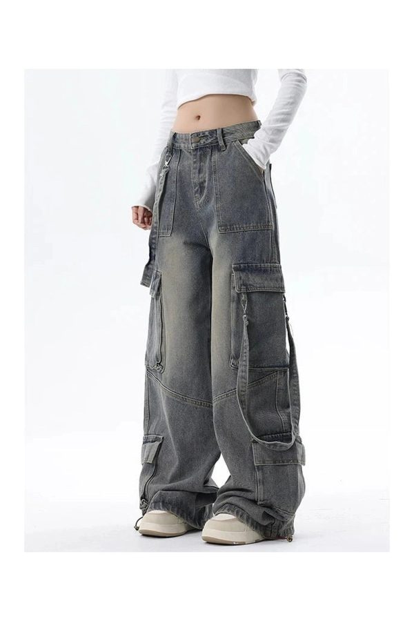 Extreme Wide-Leg Cargo Jeans for Y2K Outfits, Vintage Street Style Fashion