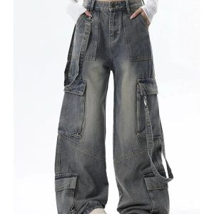 Extreme Wide-Leg Cargo Jeans for Y2K Outfits, Vintage Street Style Fashion