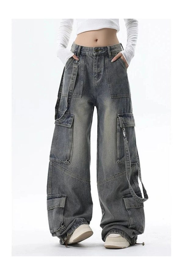 Extreme Wide-Leg Cargo Jeans for Y2K Outfits, Vintage Street Style Fashion