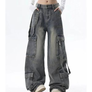 Extreme Wide-Leg Cargo Jeans for Y2K Outfits, Vintage Street Style Fashion