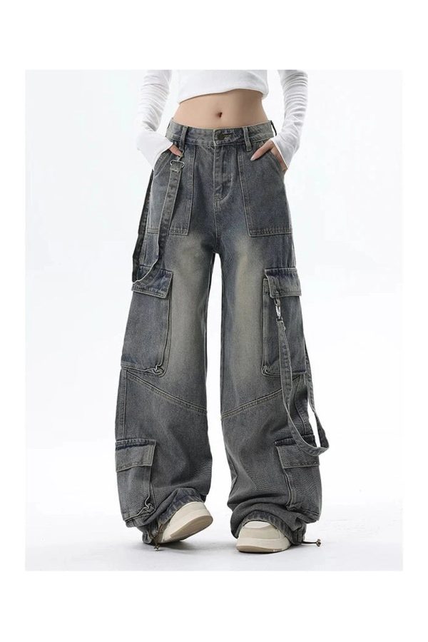 Extreme Wide-Leg Cargo Jeans for Y2K Outfits, Vintage Street Style Fashion