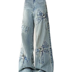 Fall Bow-Accent Wide-Leg Jeans - Y2K Vintage Outfits for Women