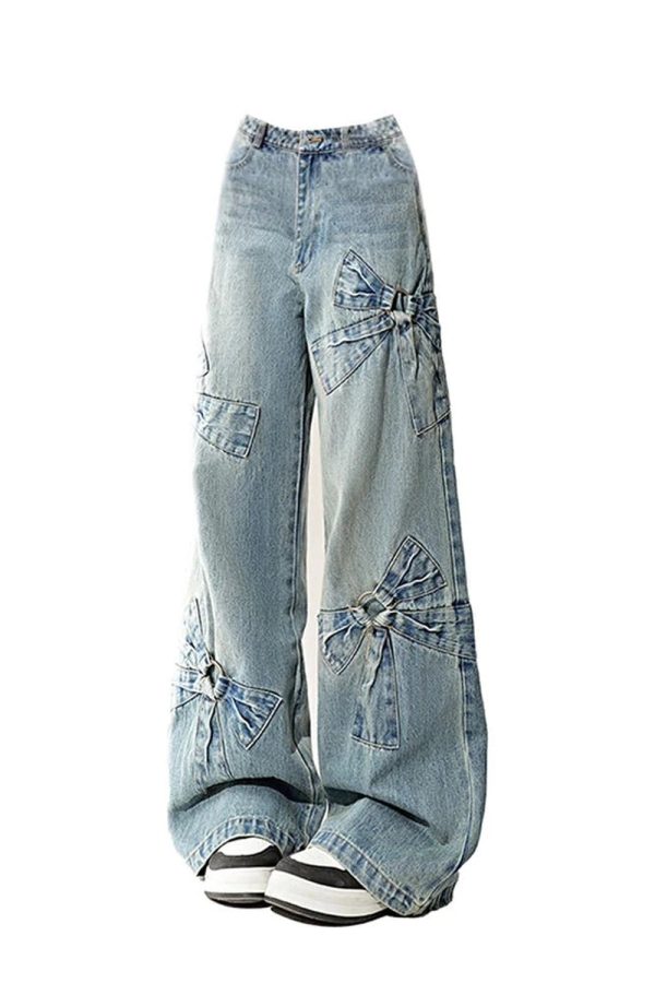 Fall Bow-Accent Wide-Leg Jeans - Y2K Vintage Outfits for Women