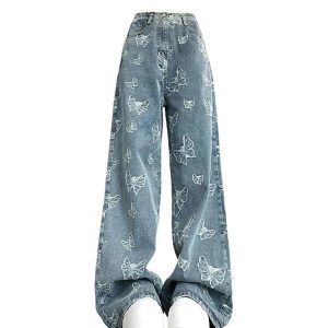 Fall Butterfly Dream Wide-Leg Jeans | Y2K Vintage Aesthetic Outfit