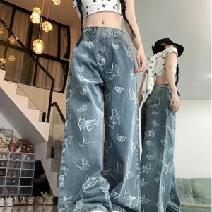 Fall Butterfly Dream Wide-Leg Jeans | Y2K Vintage Aesthetic Outfit