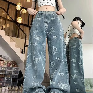 Fall Butterfly Dream Wide-Leg Jeans | Y2K Vintage Aesthetic Outfit