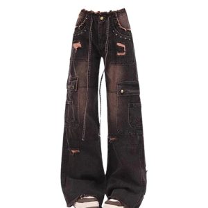 Fall Dark Cargo Distressed Jeans - Y2K Vintage Street Style Outfits