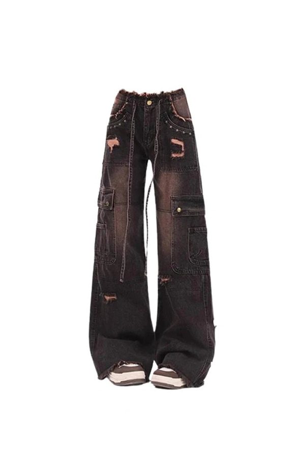 Fall Dark Cargo Distressed Jeans - Y2K Vintage Street Style Outfits