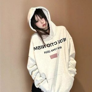 Fall Edgy Reverse Text Oversized Hoodie | Y2K Vintage Street Style Outfit