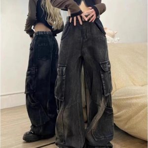 Fall Gothic Cargo Flare Jeans - Y2K Vintage Street Style Outfits