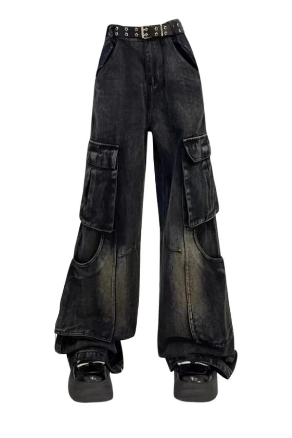 Fall Gothic Cargo Flare Jeans - Y2K Vintage Street Style Outfits