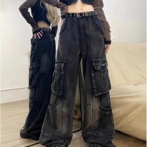 Fall Gothic Cargo Flare Jeans - Y2K Vintage Street Style Outfits