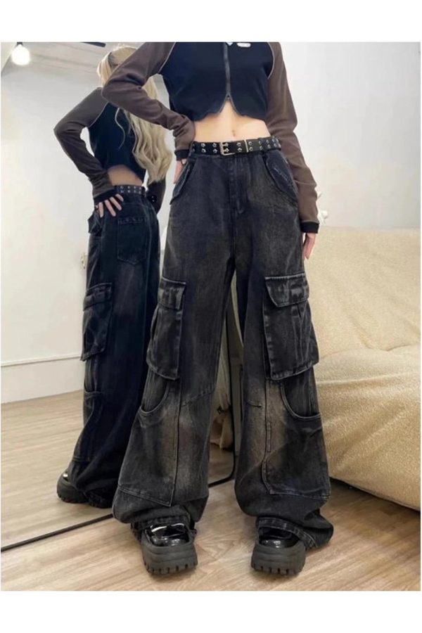 Fall Gothic Cargo Flare Jeans - Y2K Vintage Street Style Outfits