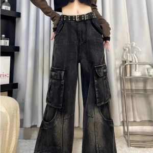 Fall Gothic Cargo Flare Jeans - Y2K Vintage Street Style Outfits