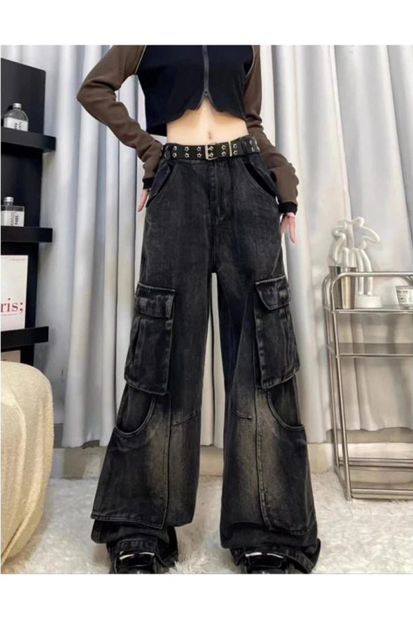 Fall Gothic Cargo Flare Jeans - Y2K Vintage Street Style Outfits