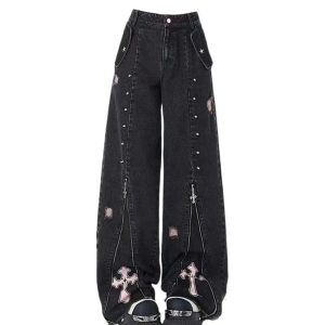 Fall Gothic Cross Flare Jeans - Y2K Vintage Outfits for Women