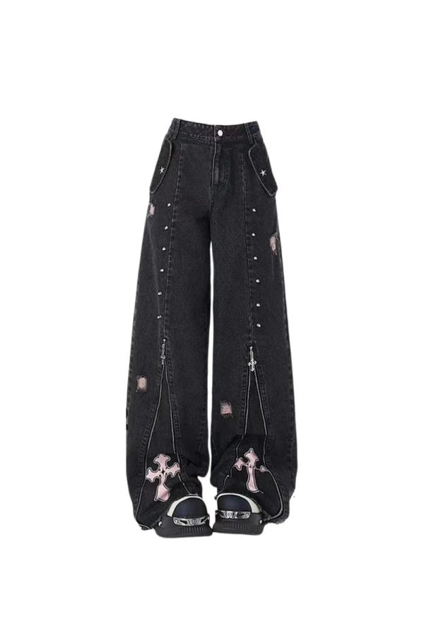 Fall Gothic Cross Flare Jeans - Y2K Vintage Outfits for Women