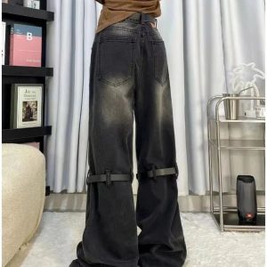 Fall Grunge Buckle Wide-Leg Jeans - Y2K Vintage Street Style Outfit