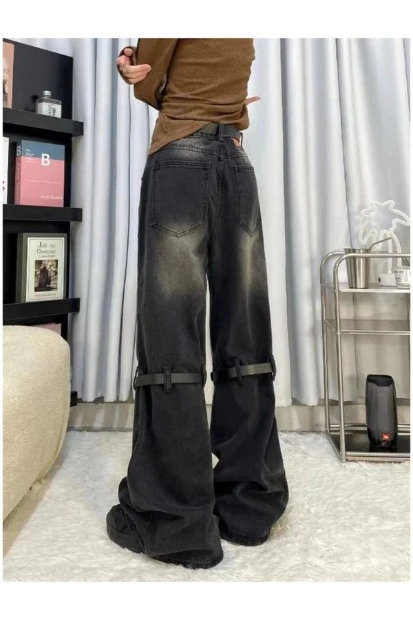 Fall Grunge Buckle Wide-Leg Jeans - Y2K Vintage Street Style Outfit