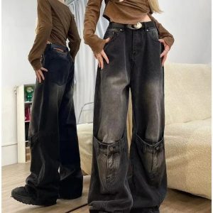 Fall Grunge Buckle Wide-Leg Jeans - Y2K Vintage Street Style Outfit