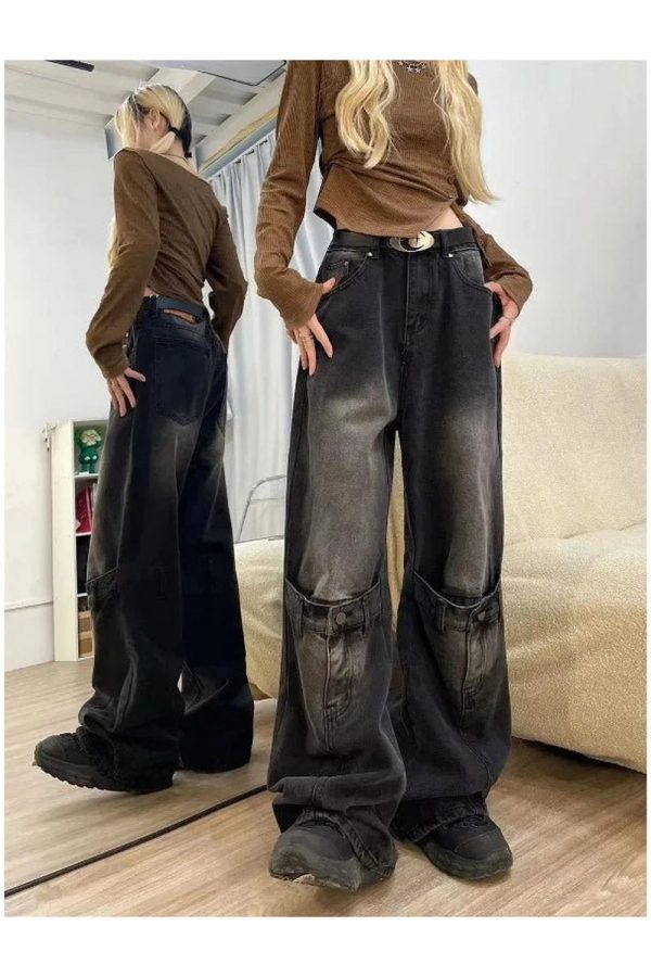 Fall Grunge Buckle Wide-Leg Jeans - Y2K Vintage Street Style Outfit