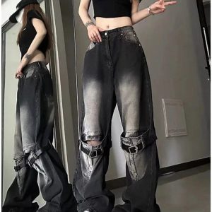 Fall Grunge Buckle Wide-Leg Jeans - Y2K Vintage Street Style Outfit