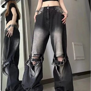 Fall Grunge Buckle Wide-Leg Jeans - Y2K Vintage Street Style Outfit