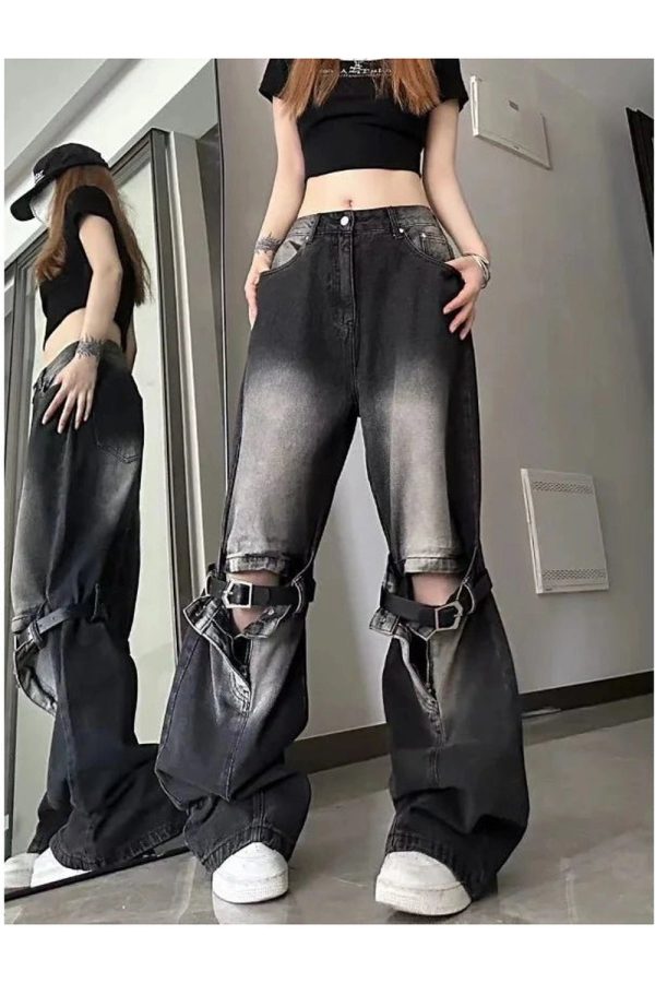 Fall Grunge Buckle Wide-Leg Jeans - Y2K Vintage Street Style Outfit