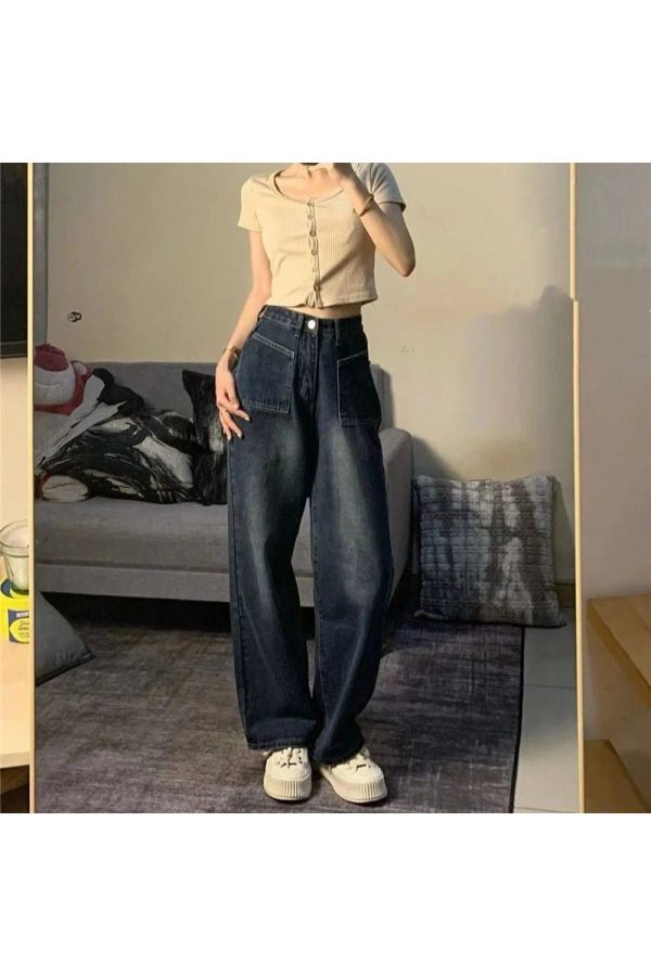 Fall Midnight Pocket Wide-Leg Jeans - Y2K Vintage Aesthetic Outfit