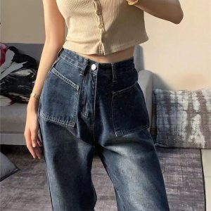 Fall Midnight Pocket Wide-Leg Jeans - Y2K Vintage Aesthetic Outfit