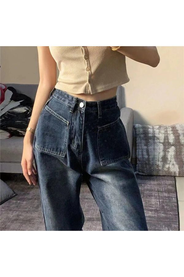 Fall Midnight Pocket Wide-Leg Jeans - Y2K Vintage Aesthetic Outfit