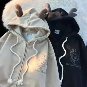 Fall Mystic Dragon Hoodie with Horns | Y2K Vintage Aesthetic Outfit