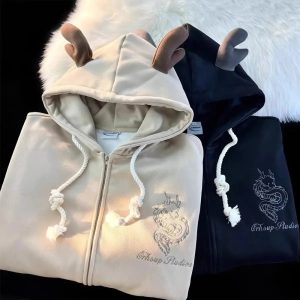 Fall Mystic Dragon Hoodie with Horns | Y2K Vintage Aesthetic Outfit