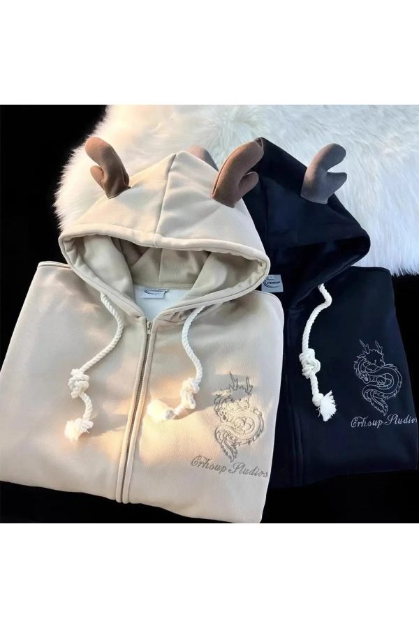 Fall Mystic Dragon Hoodie with Horns | Y2K Vintage Aesthetic Outfit