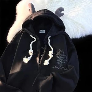 Fall Mystic Dragon Hoodie with Horns | Y2K Vintage Aesthetic Outfit