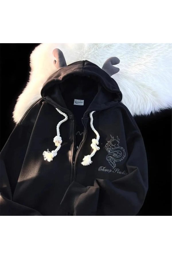 Fall Mystic Dragon Hoodie with Horns | Y2K Vintage Aesthetic Outfit