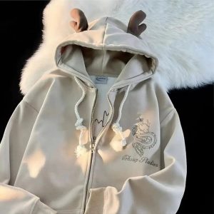 Fall Mystic Dragon Hoodie with Horns | Y2K Vintage Aesthetic Outfit