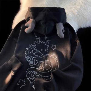 Fall Mystic Dragon Hoodie with Horns | Y2K Vintage Aesthetic Outfit